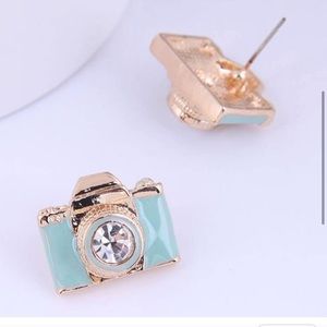 blue camera earrings